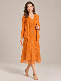Tea Length Sequin Lace Mother of the Bride Dress with Chiffon Jacket