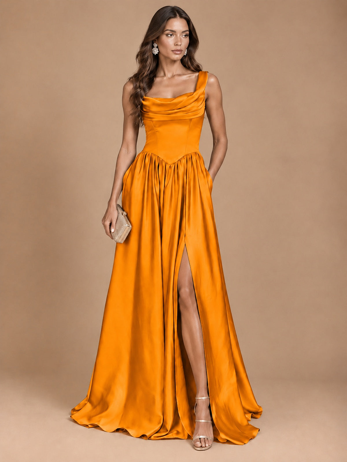 Cowl Neck Pleated Satin Prom Dress with Pockets & Slit Maxi Formal Gowns