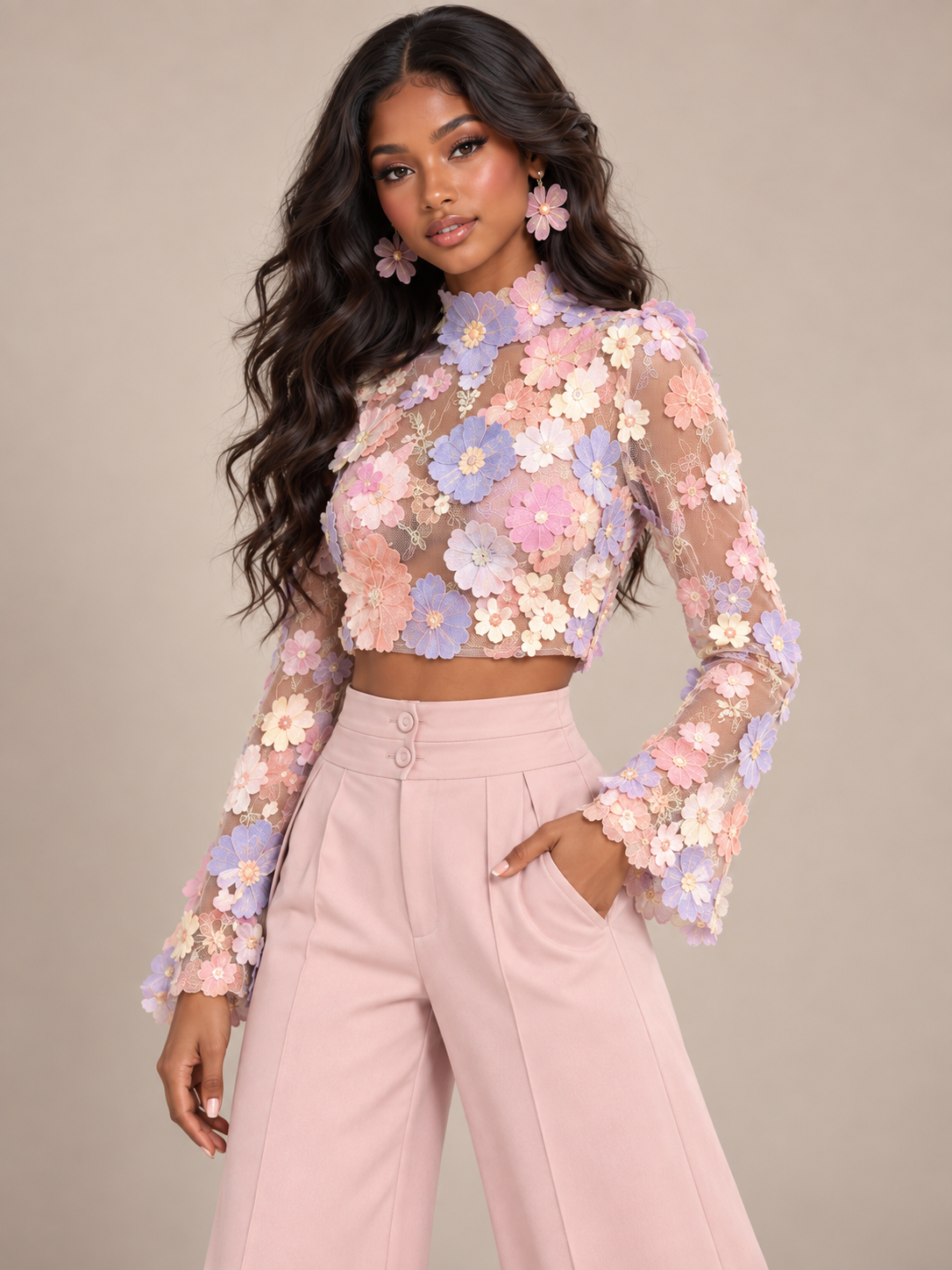 Pastel floral applique long sleeve crop top with pink wide leg pants