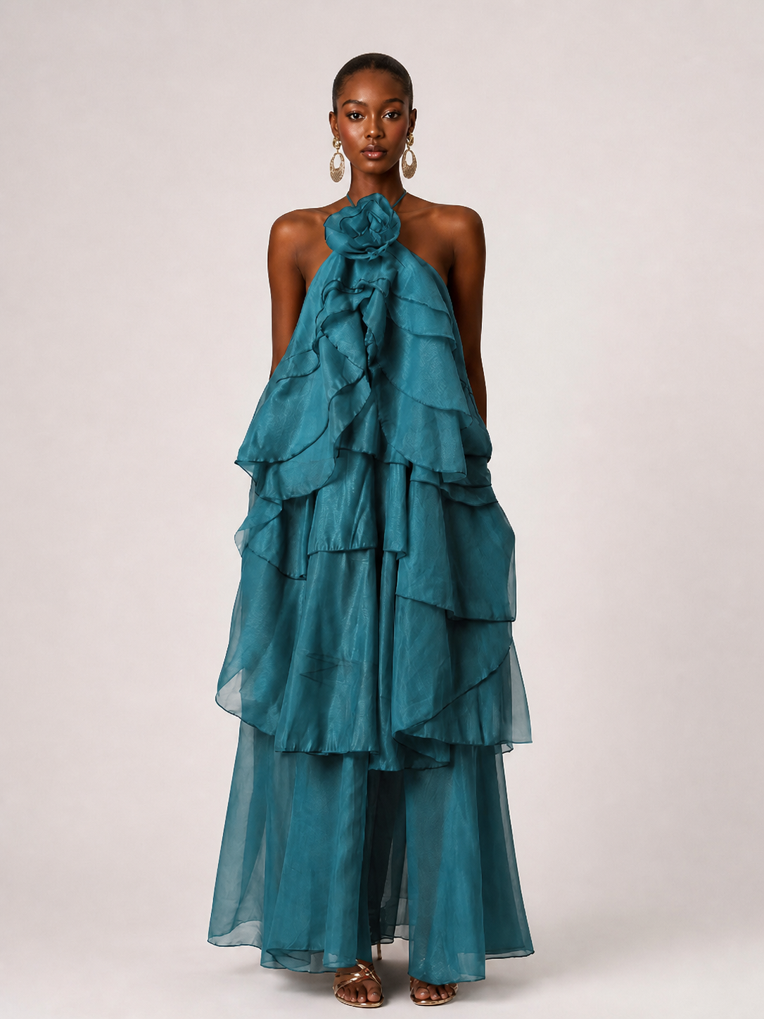 Orange Chiffon Halter Ruffle Maxi Dress with 3D Flower