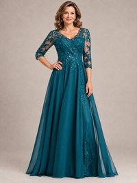 Navy Blue Sequin Lace A-Line Mother of the Bride Dress with 3/4 Sleeves