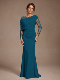 Dusty Rose Illusion Long Sleeve Chiffon Applique Mother of The Bride Dress