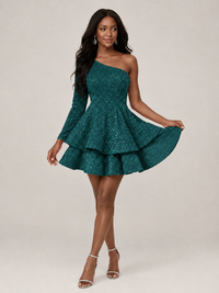 Puffy One Shoulder Sequin Tiered Mini Dress