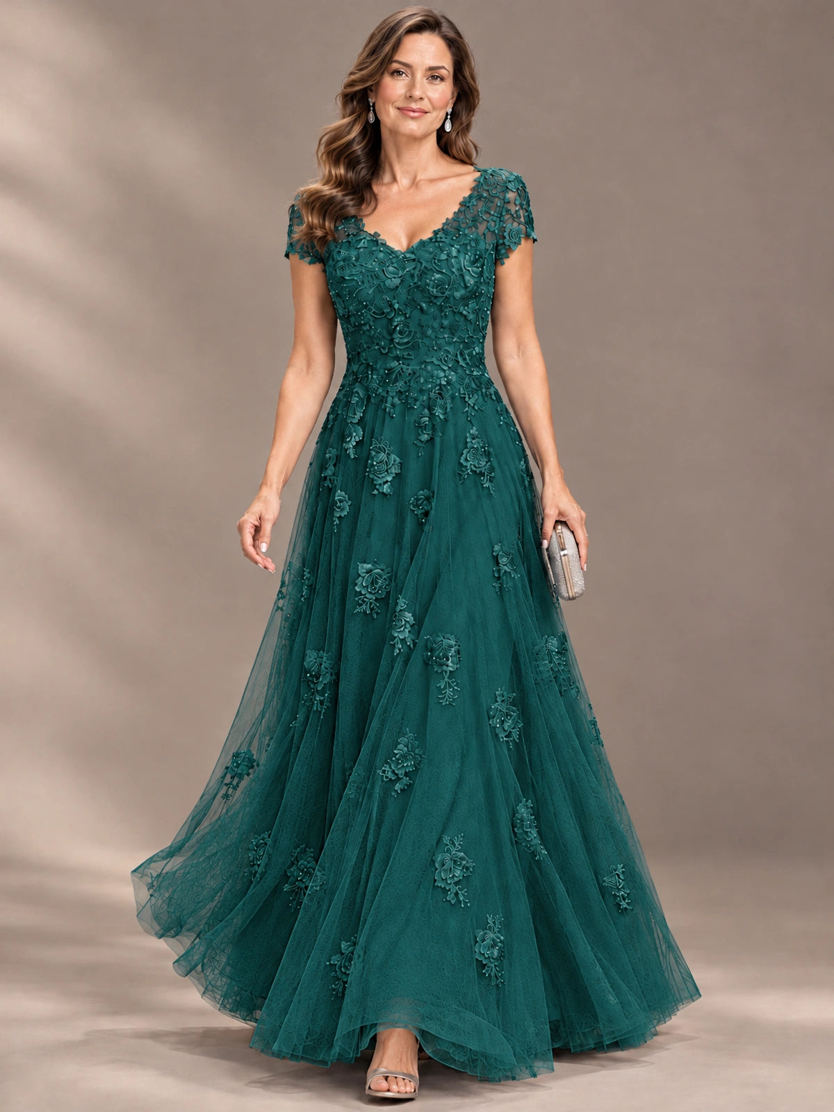 Lace Appliques A-line Mother of The Bride Dresses with Short Sleeves