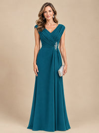 V Neck Pleated Mother of The Bride Dresses with Beading Cap Sleeves