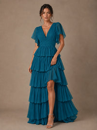 Chiffon V-Neck Tiered Ruffle Bridesmaid Dress with Slit