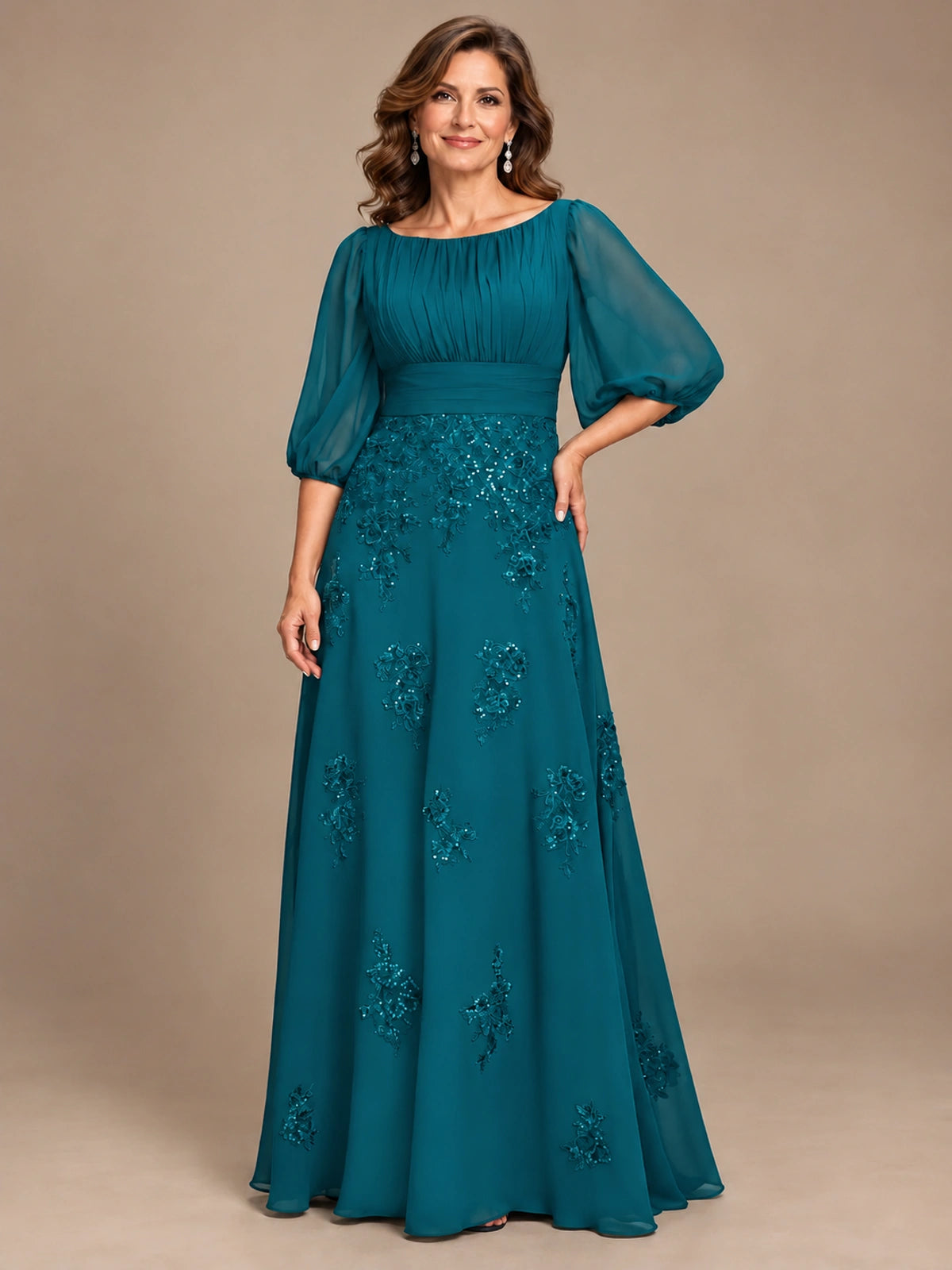 A-Line Mother of the Bride Dress with Sheer Puff Sleeves