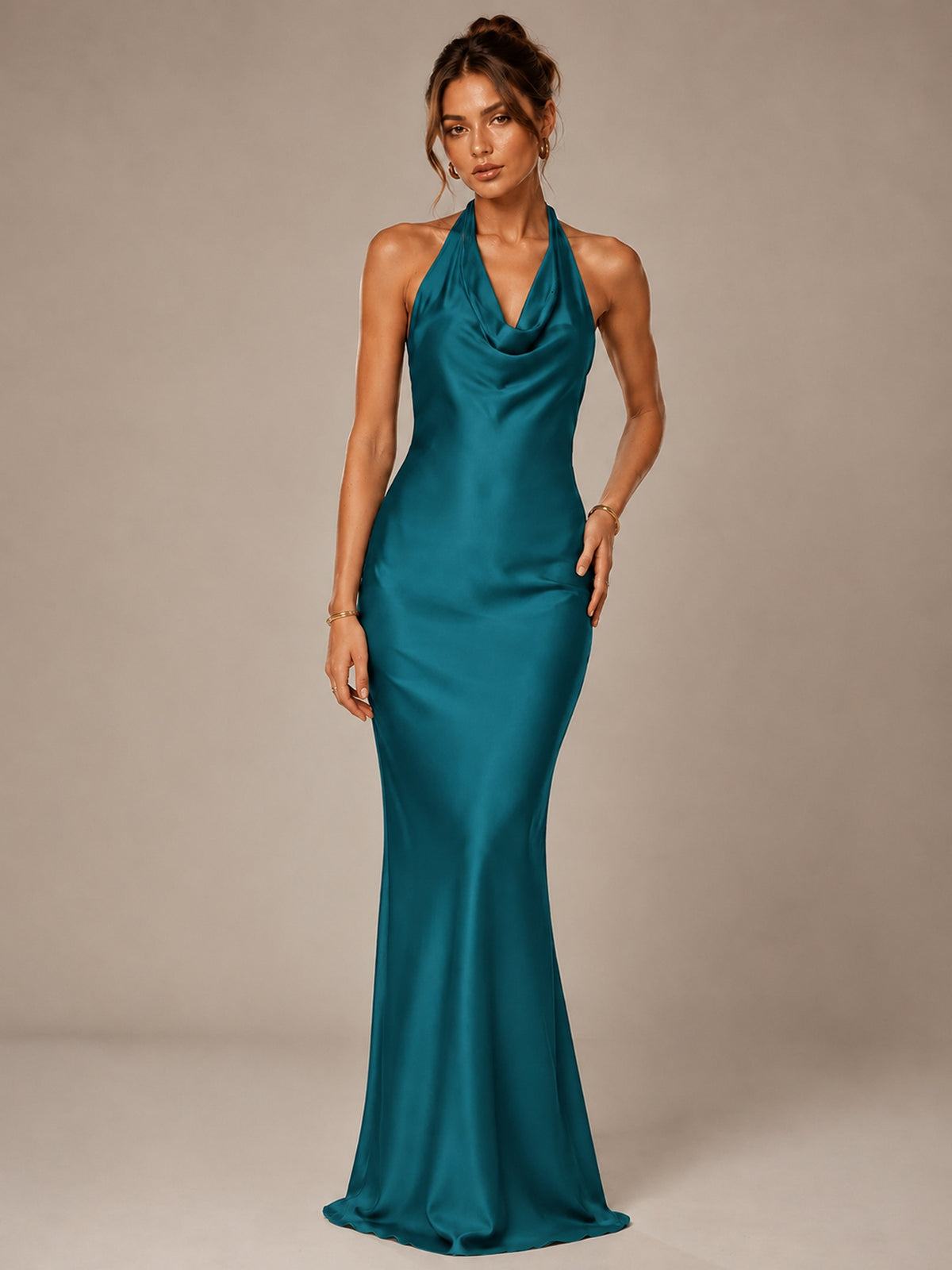 Olive Green Halter Satin Mermaid Maxi Dress