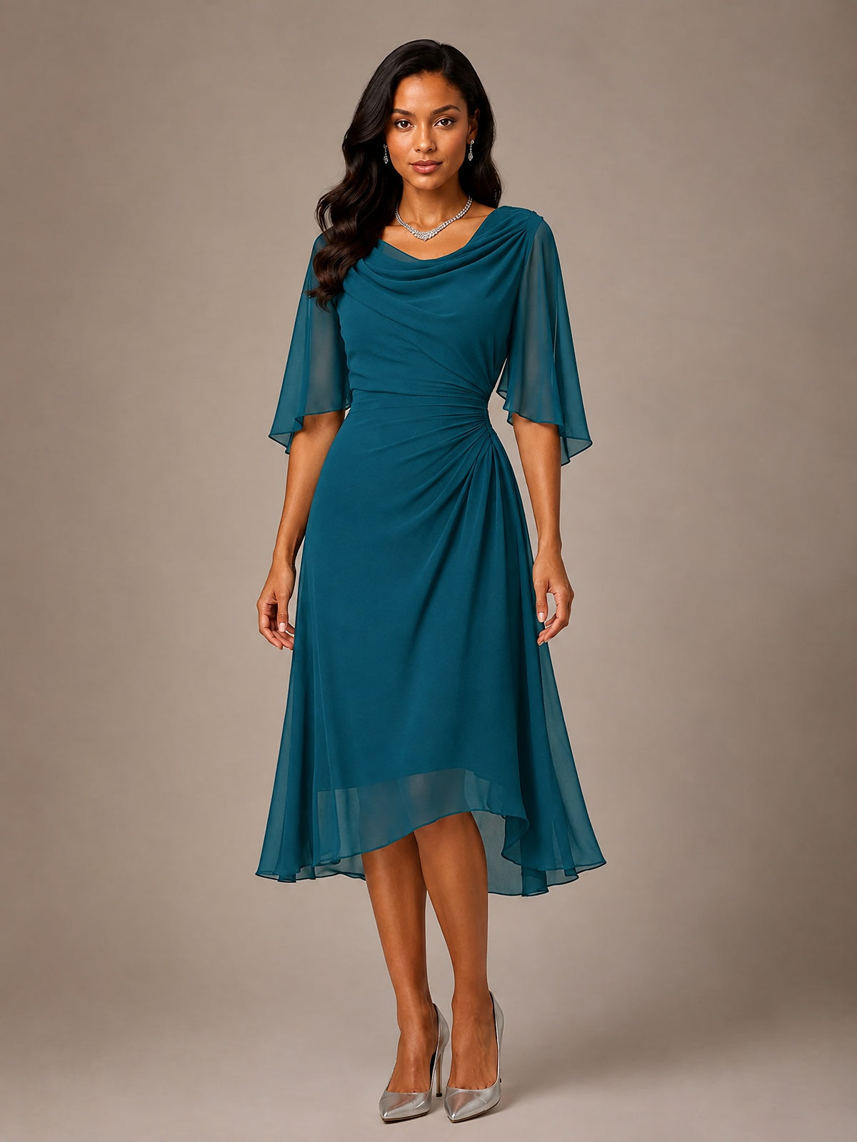Cowl Neck Ruched Chiffon Mother of the Bride Dresses with Flutter Sleeves