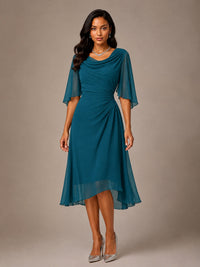 Cowl Neck Ruched Chiffon Mother of the Bride Dresses with Flutter Sleeves