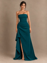 Black and White Strapless Ruched Prom Dress with High Slit & Side Drape