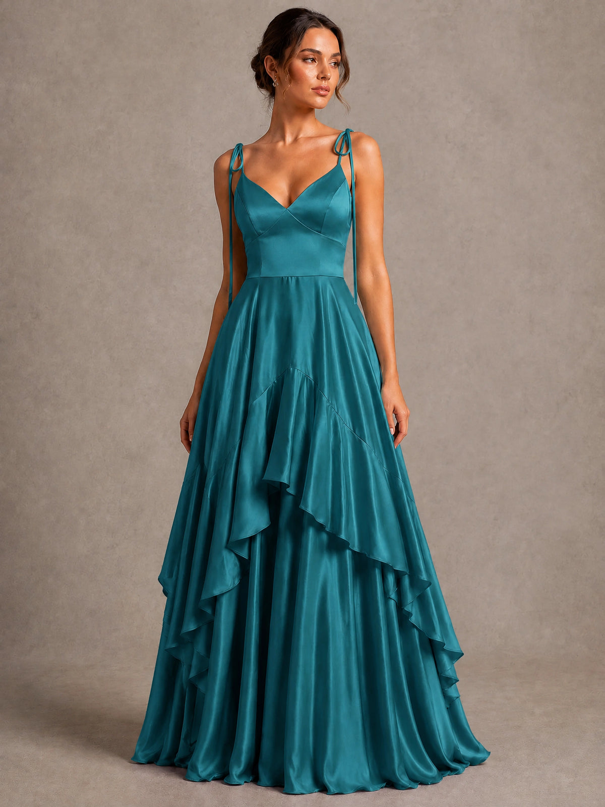 Lavender Satin V-Neck Ruffle Maxi Dress