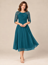Peacock-Lace Applique Pleated Tea Length Mother of The Bride Dresses