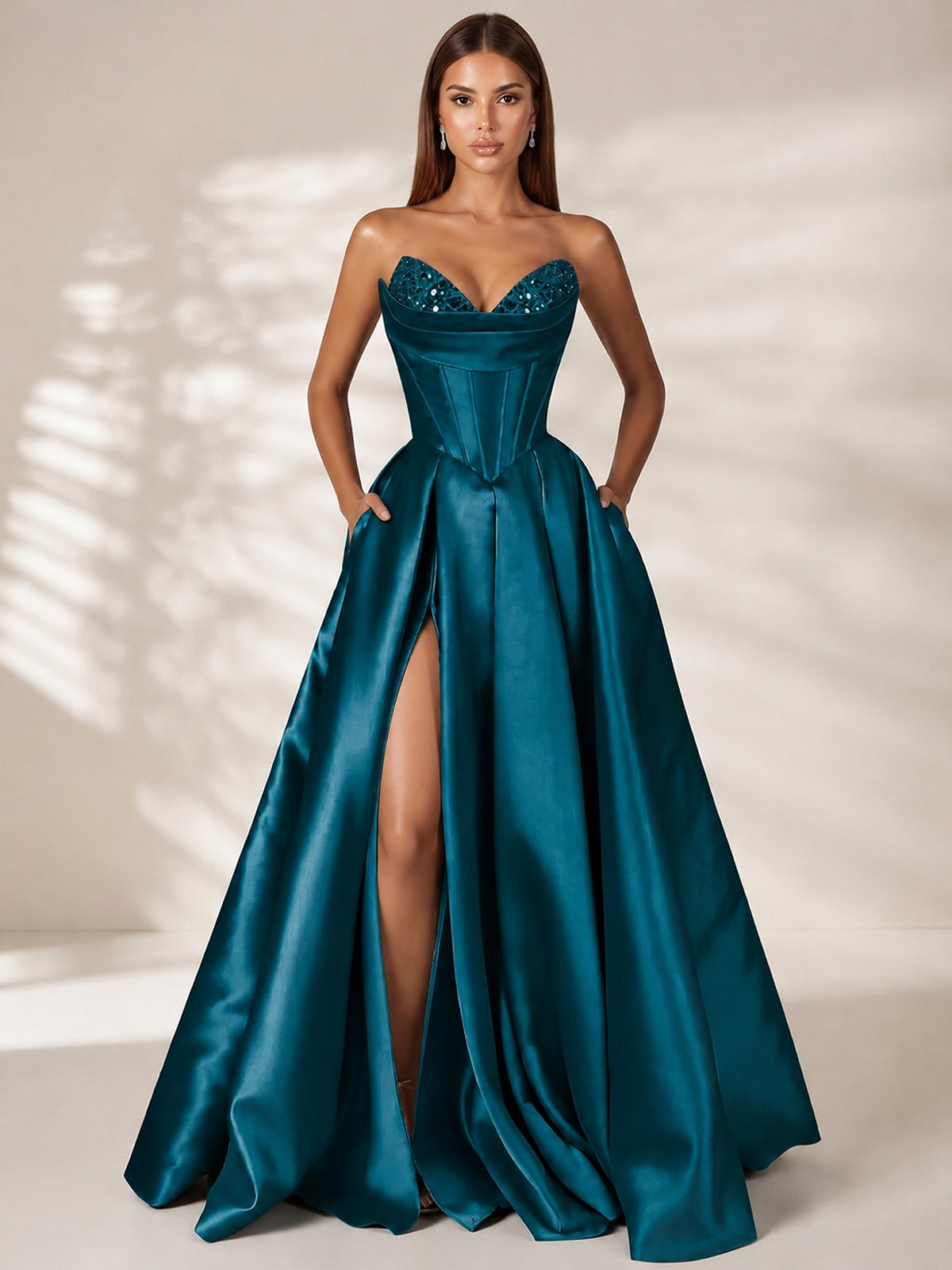 Peacock Strapless Corset Satin Prom Dress Long Evening Gown with High Slit