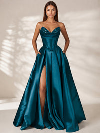 Peacock Strapless Corset Satin Prom Dress Long Evening Gown with High Slit