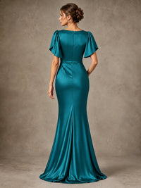 V-Neck Satin Mother of the Bride Dress with Flutter Sleeves