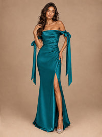 Off The Shuolder Satin Prom Dress Slit Mermaid Formal Gowns