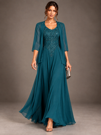 A-line 2 Pieces Chiffon Appliques Mother of The Bride Dresses with Jackets