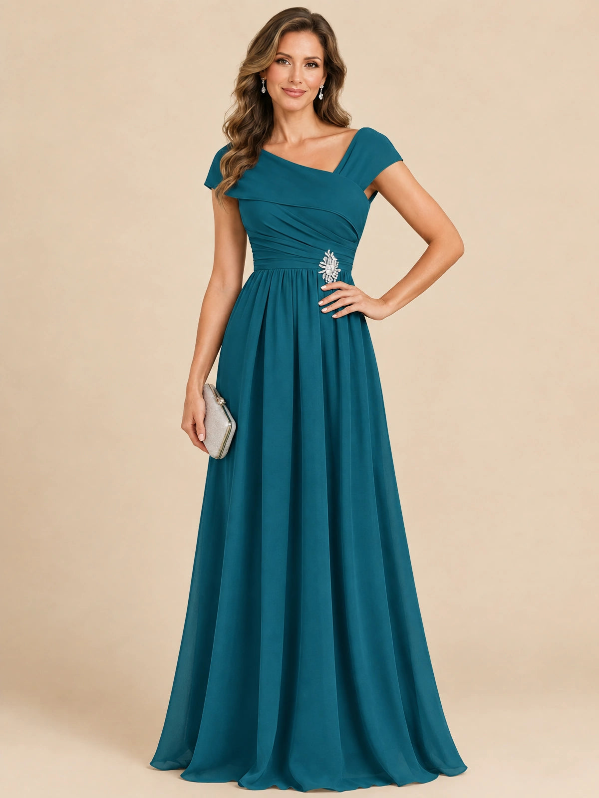 Cap Sleeve Mother of The Bride Dresses Long Chiffon Formal Gowns