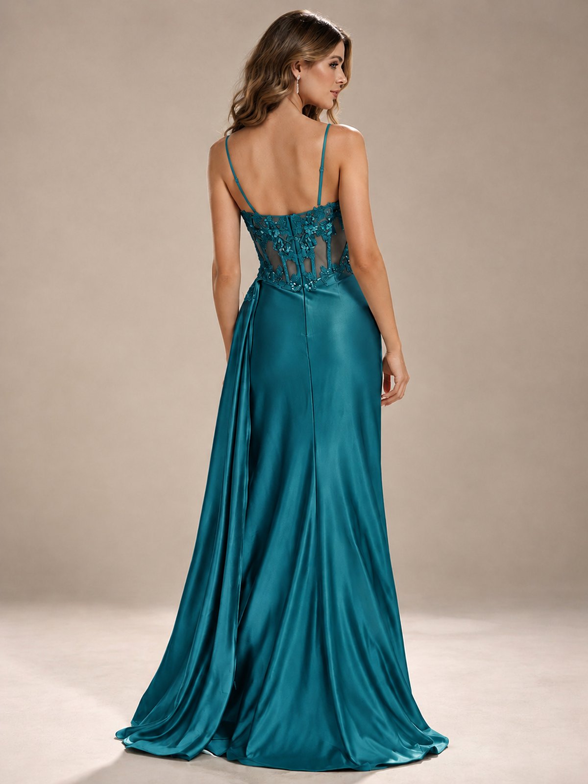 Mermaid Satin Prom Dress with Floral Appliqué Corset and High Slit