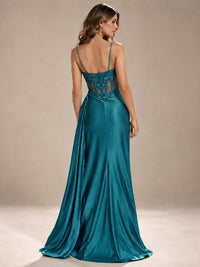 Mermaid Satin Prom Dress with Floral Appliqué Corset and High Slit