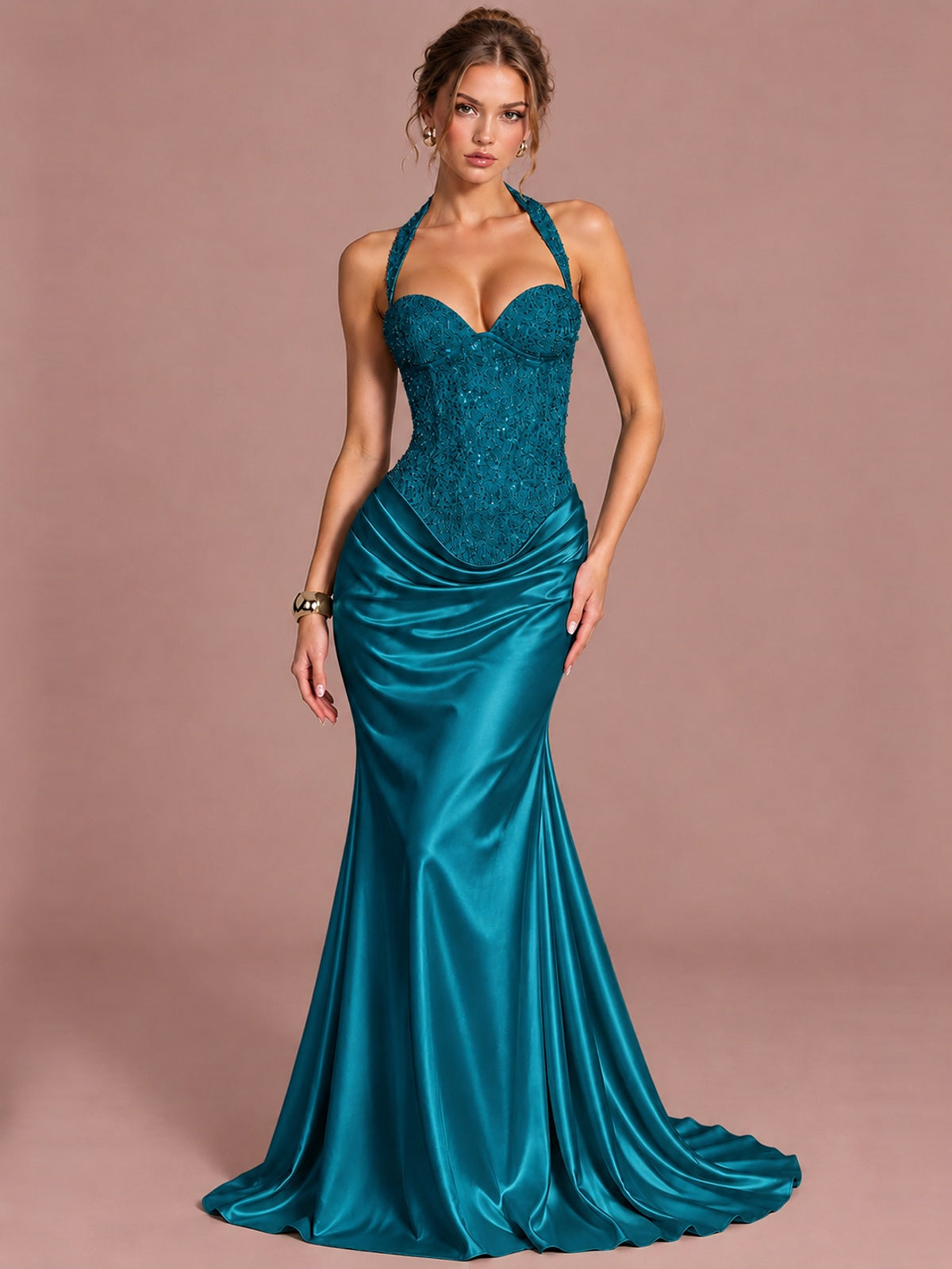Peacock Sparkling Halter Corset Satin Mermaid Prom Dress Long Ruched Sequin Formal Gown Evening Party Dress