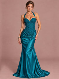 Peacock Sparkling Halter Corset Satin Mermaid Prom Dress Long Ruched Sequin Formal Gown Evening Party Dress