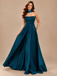 Strapless Prom Dress Side High Slit A-line Formal Dress with Scarf