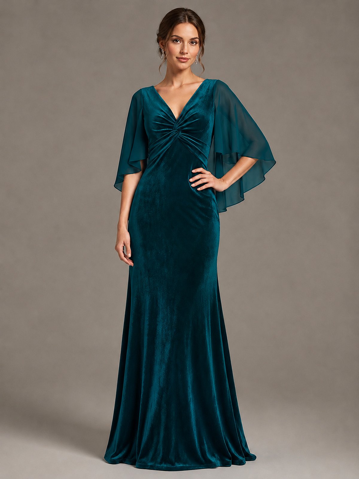 Navy Blue Velvet V Neck Mermaid Formal Dress with Flutter Cape Sleeves