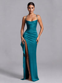Peacock Squre Neck Pleated Satin Prom Dresses for Teens Women Long Evening Formal Gown with Slit Ruffles