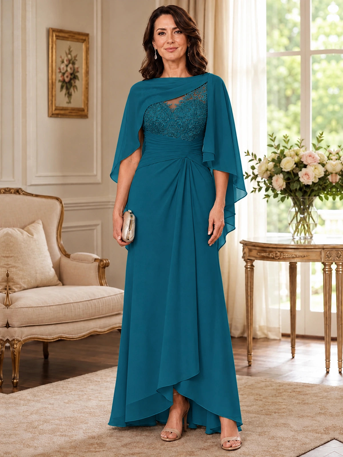 Elegant Chiffon Mother of the Bride Dress with Lace Applique and Cape Sleeves
