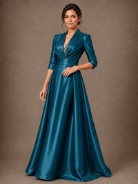 V-Neck Pleated Satin Mother of the Bride Gown with 3/4 Sleeves