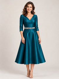 Peacock V-Neck Tea-Length Mother of the Bride Dress with Embellished Waist