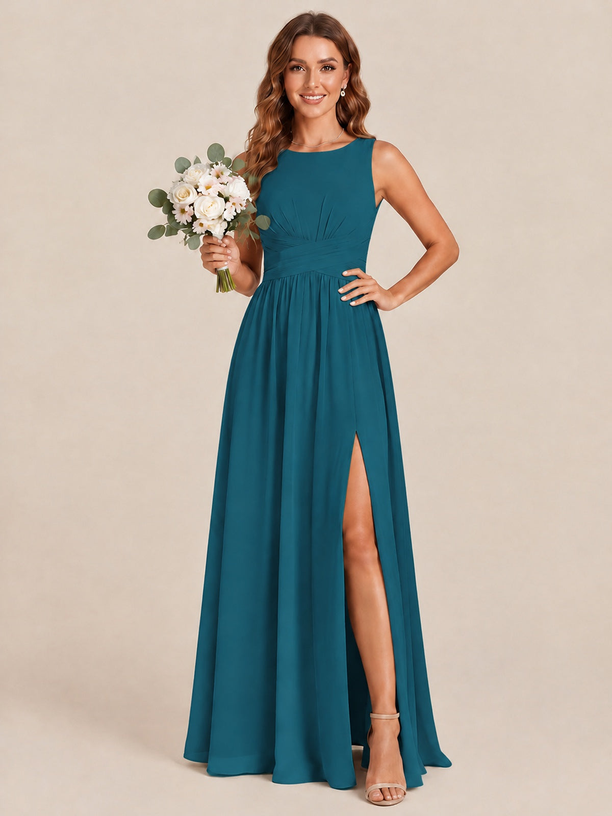 A-line Sleeveless Rucehd Chiffon Bridesmaid Dress with High Slit