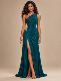 Burgundy One Shoulder Ruched Prom Dress with High Slit & Beaded Waist