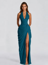 Ruched Halter Neck High-Slit Prom & Evening Dress