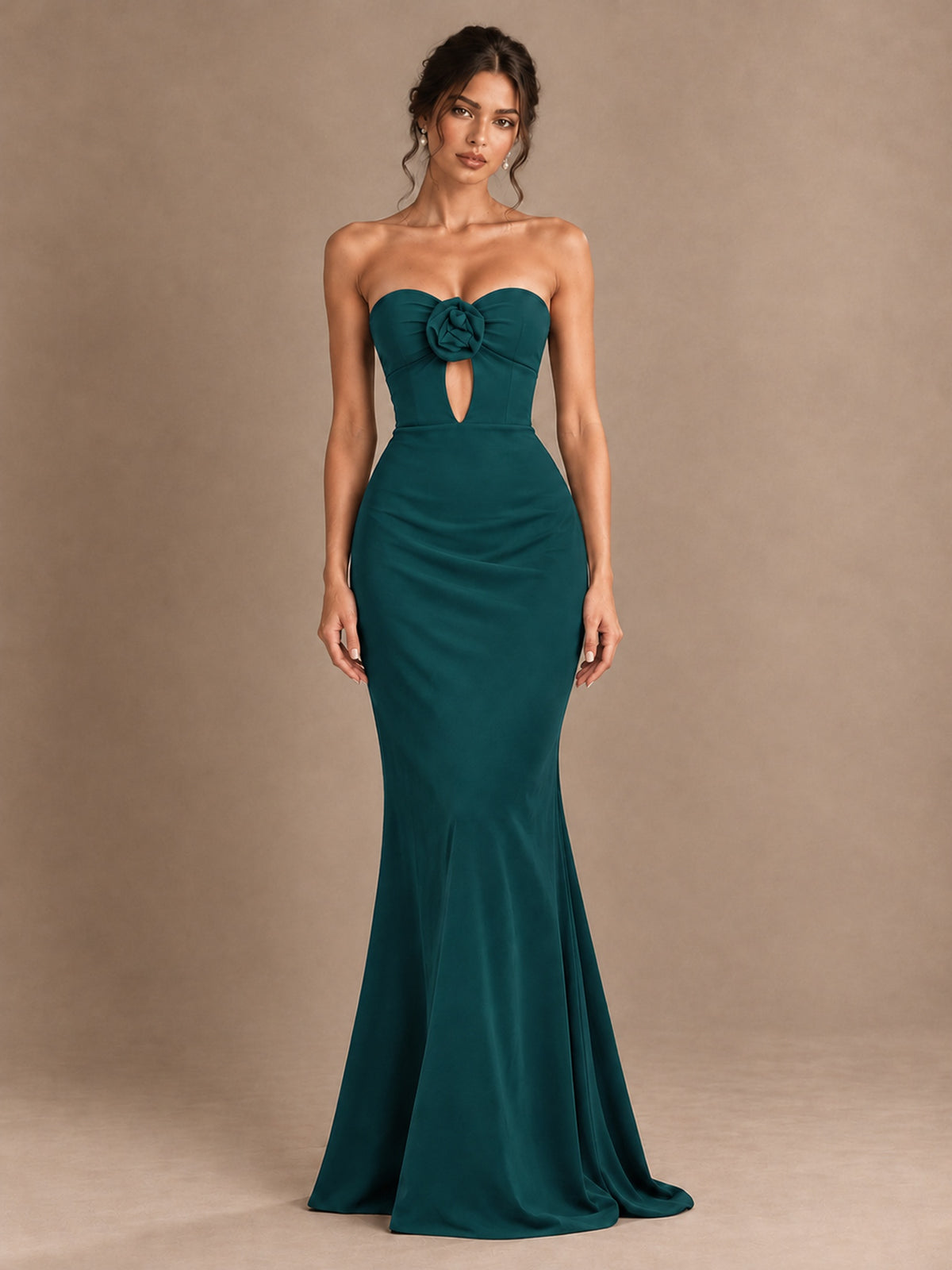 Emerald Green Strapless Mermaid Prom Dress with 3D Rose & Keyhole Cutout