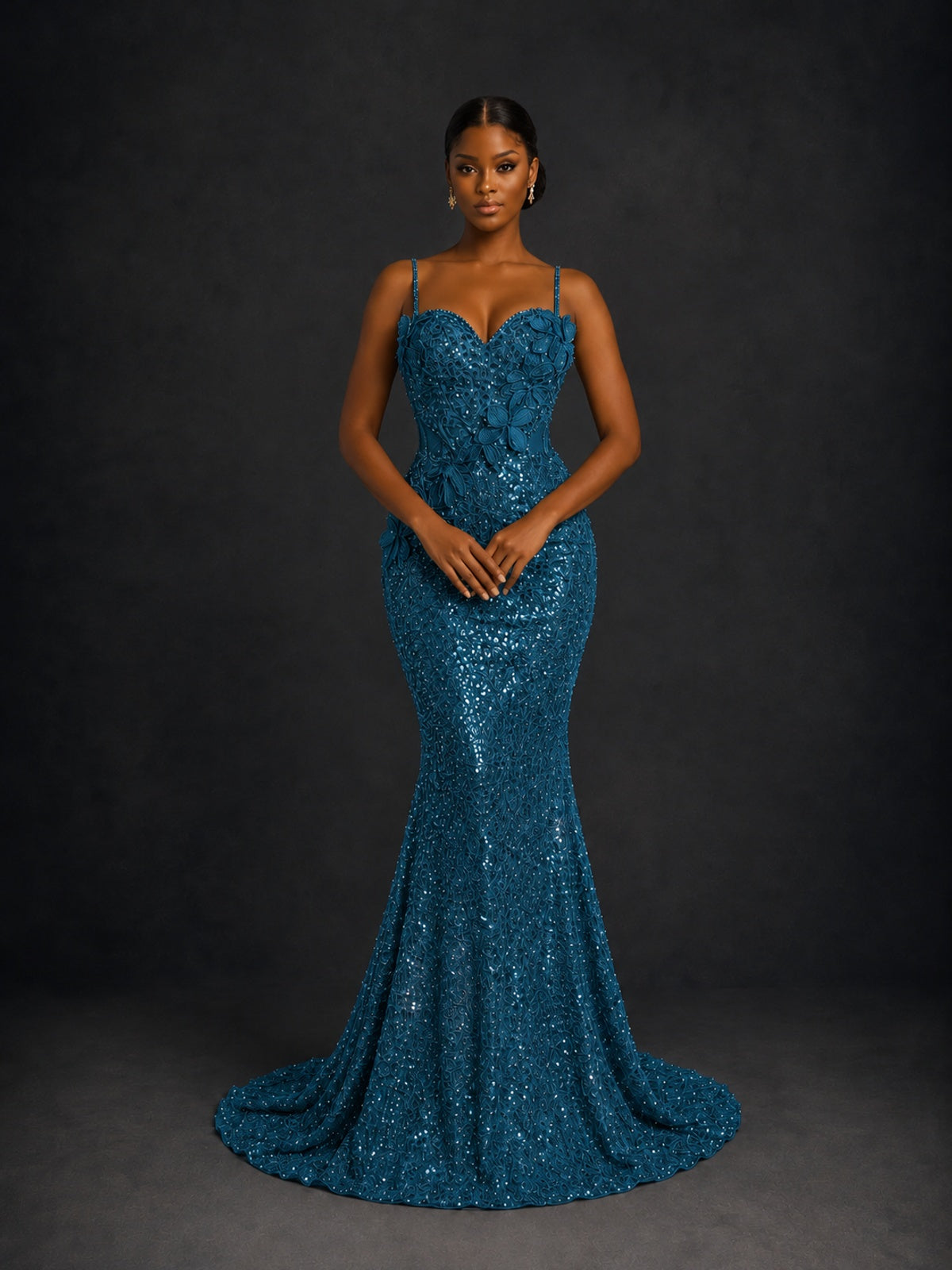 Sequin Mermaid Prom Dress with Floral Applique