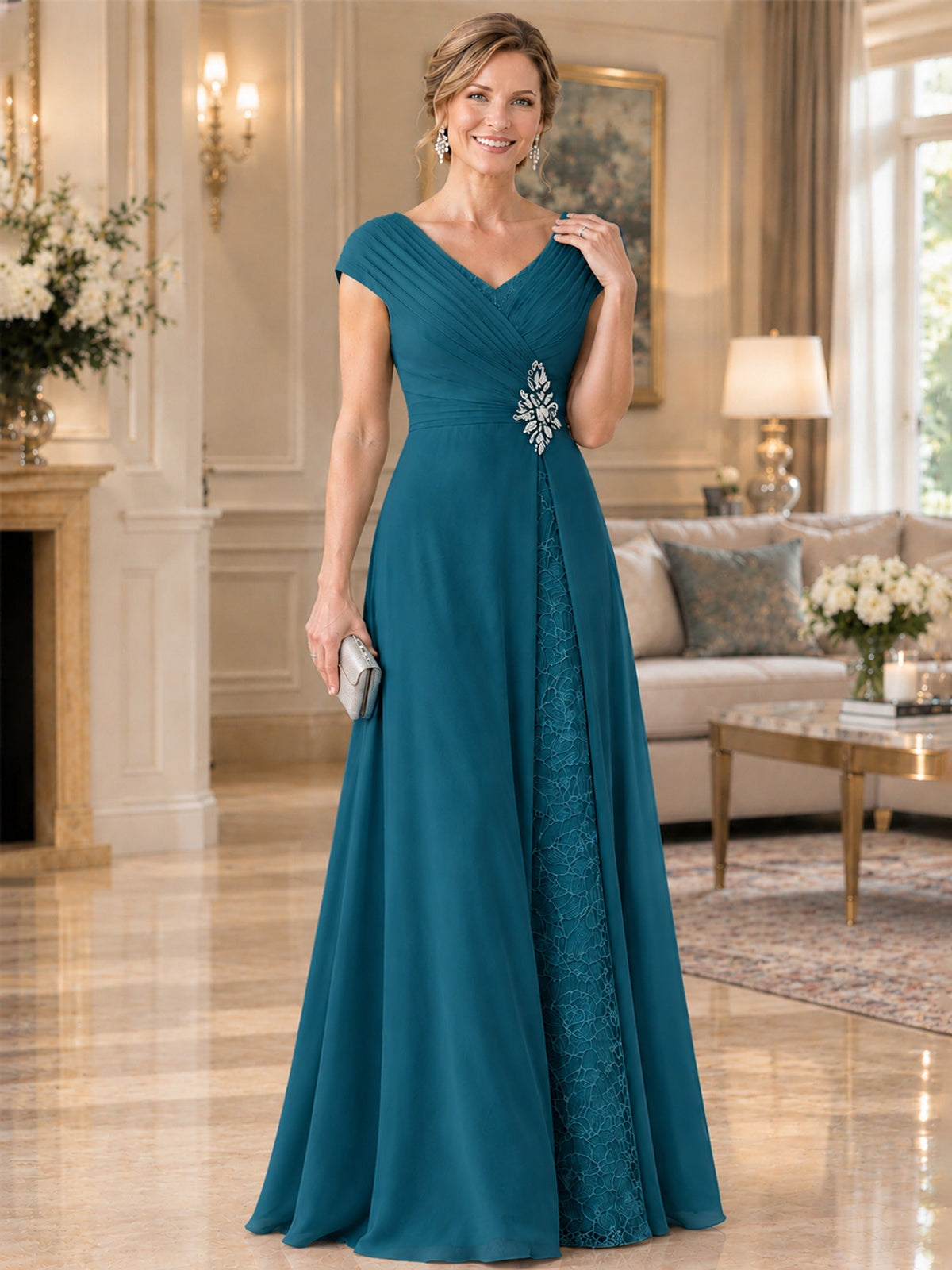Pleated Chiffon Lace Mother of The Bride Dresses with Beading Cap Sleeves