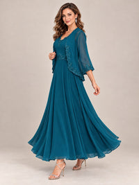 Dusty Blue Floral Lace Chiffon Mother of the Bride Dress with Jacket