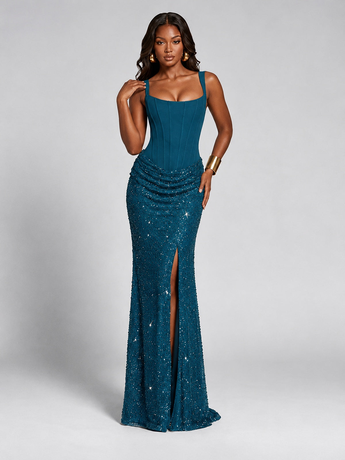 Sequin Corset Mermaid Prom Dress with Square Neck Wide Strap High Slit