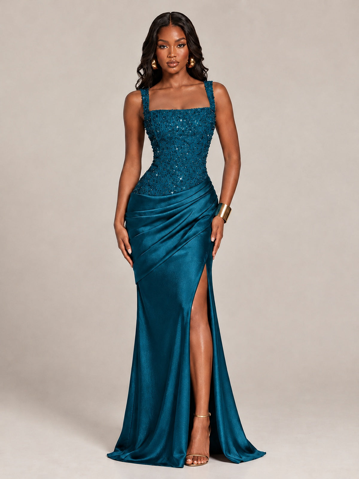 Scoop Neck Sequin Prom Dress with High Slit Satin Formal Gowns