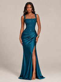 Scoop Neck Sequin Prom Dress with High Slit Satin Formal Gowns