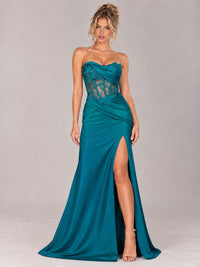 Strapless Satin Prom Dress with Sheer Lace Corset & High Slit