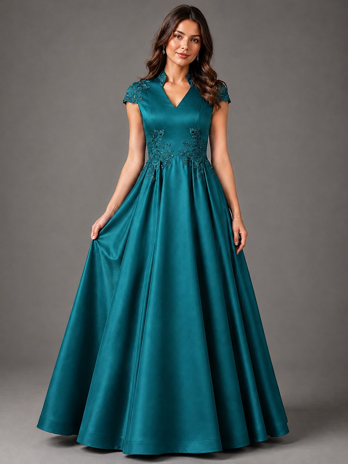 Lace Appliqué A-Line Satin Maxi Dress