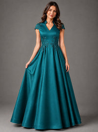 Lace Appliqué A-Line Satin Maxi Dress