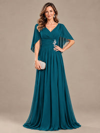 Ruched V Neck Mother of The Bride Dresses with Shawls Appliques and Cap Sleeves