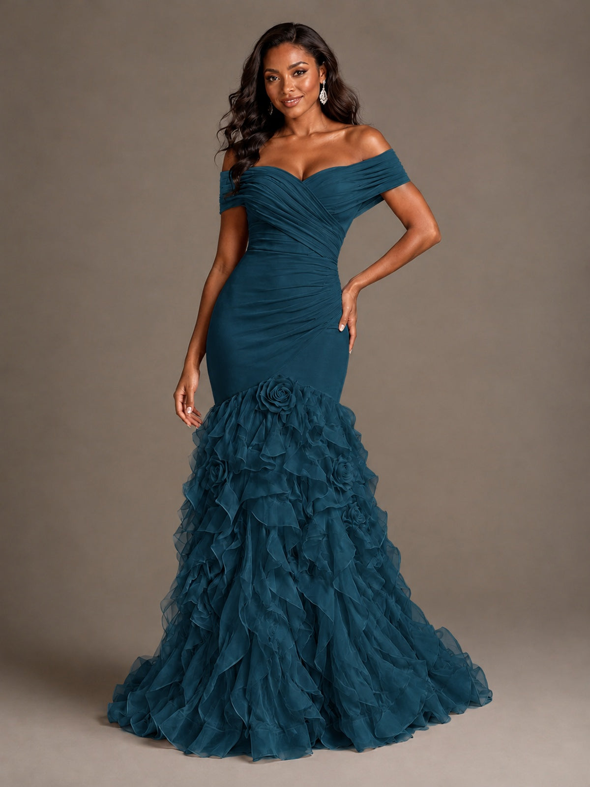 Pink Off-the-Shoulder Mermaid Prom Dress with Ruffles 3D Flowers