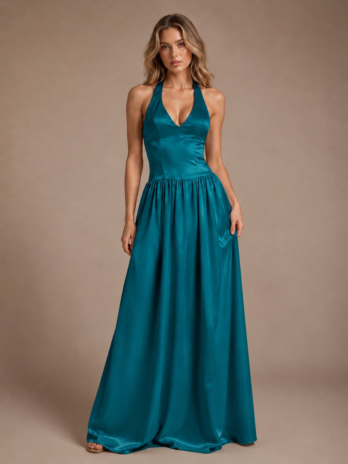 Pink V Neck Halter Satin Maxi Dress