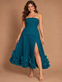 Navy Blue Strapless Pleated A-Line Midi Dress with 3D Floral Applique